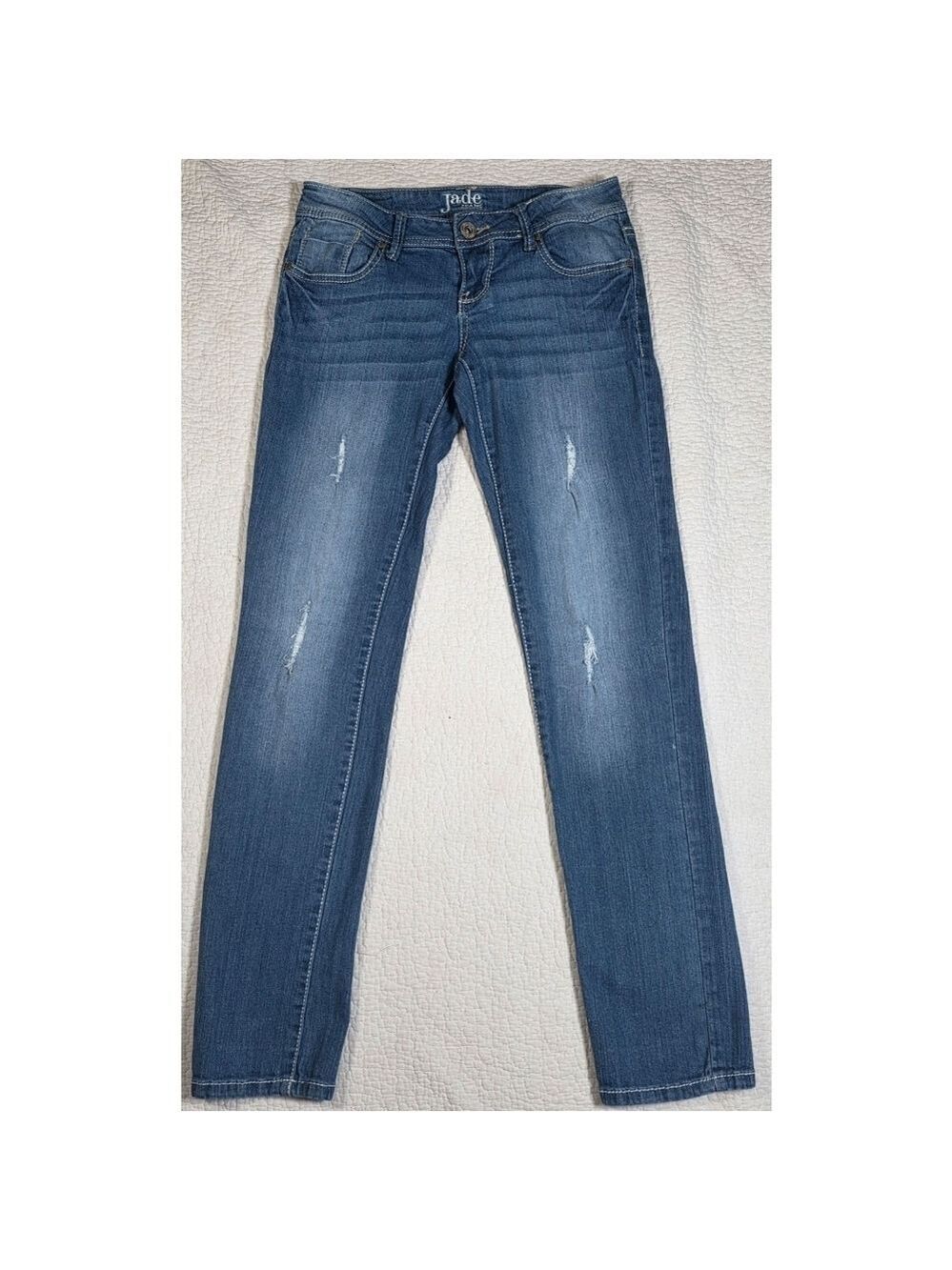 Jade Women's Classic Blue Straight Leg Distressed Jeans